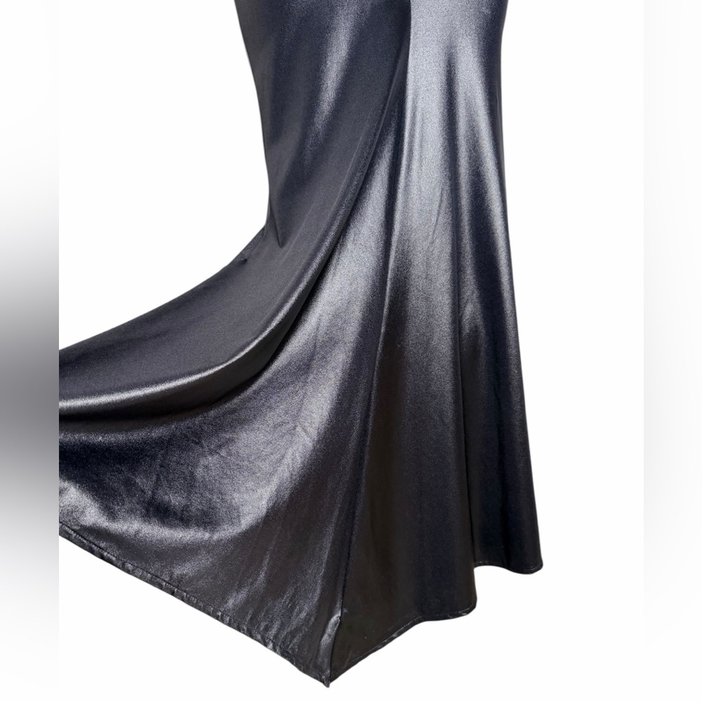 VTG 90s Trashy Black Wet-Look Maxi Dress | Lace-Up Back | Bodycon | Size S - Picture 5 of 11